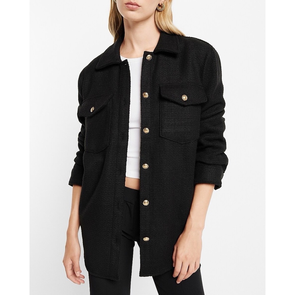 Express $128 Black Tweed Novelty Button Oversized Shacket Size XS Gold Buttons